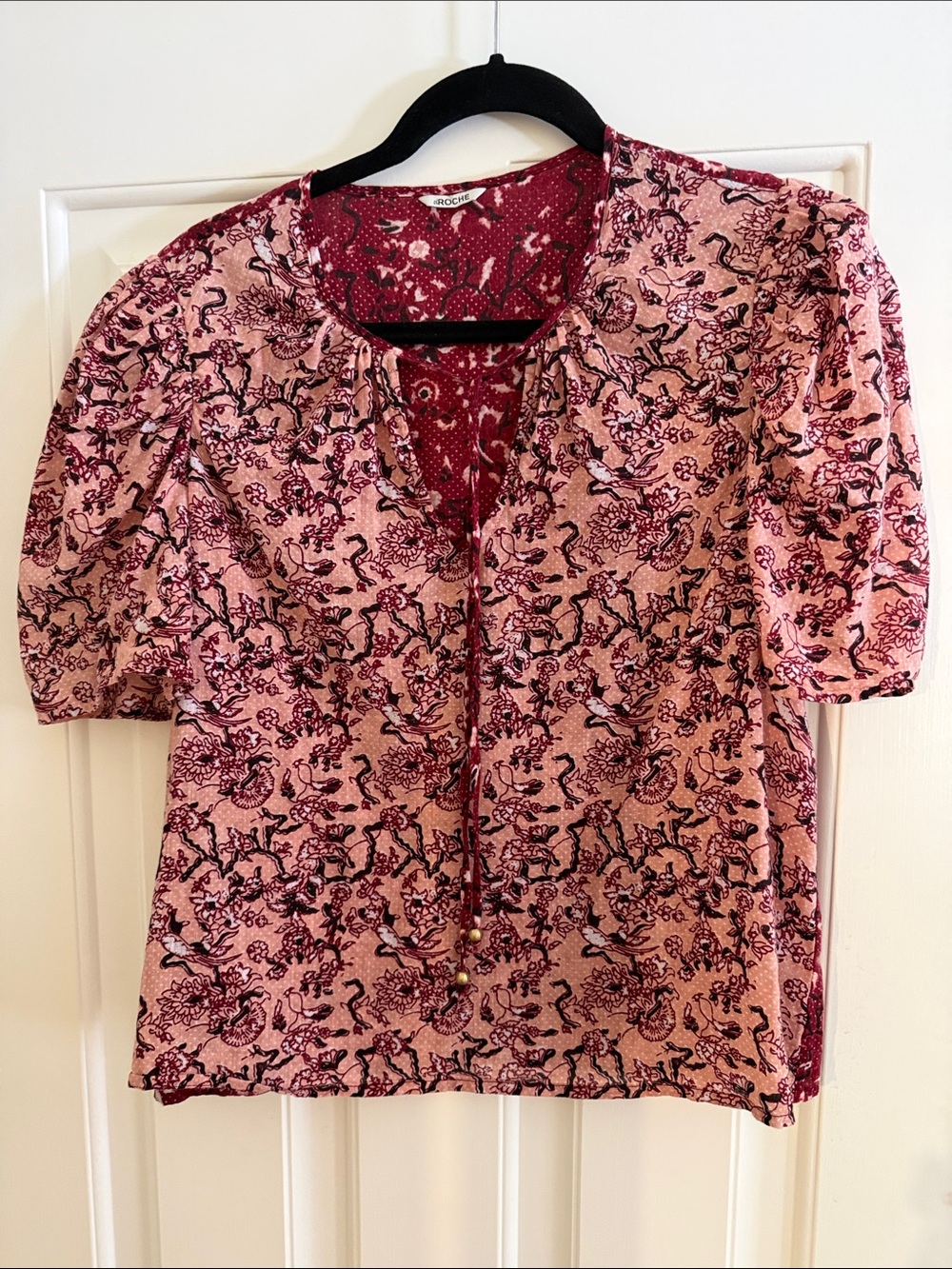 St Roche Mauve Floral Short-Sleeve Blouse with Tie Neck
